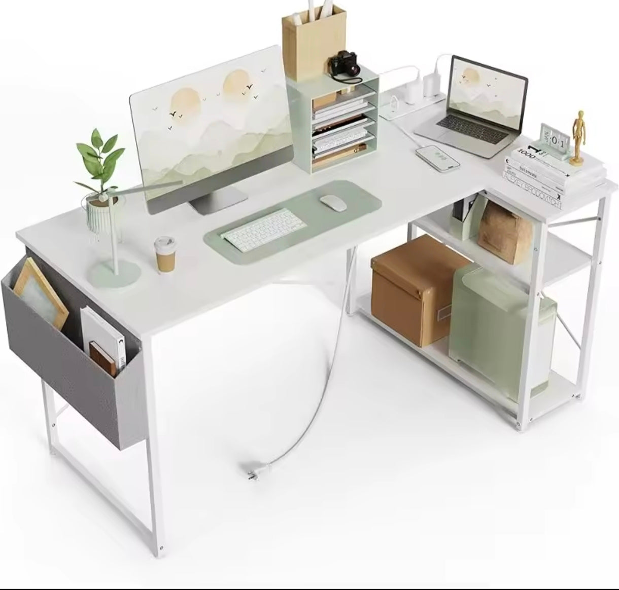 Escritorio en forma de L con estantes de almacenamiento, mesa reversible para estudio trabajo gaming color Negro
