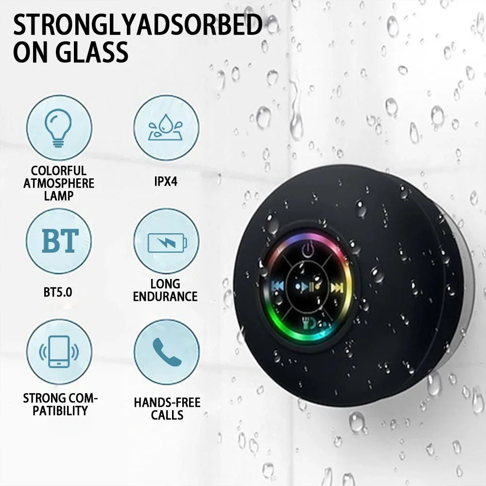 Mini Wireless Bluetooth Speaker with LED Lights, IPX4 Waterproof, Built-in Strong Suction Cup for Bathroom, Beach, Pool, Outdoor Activities, PC, Tablet, Mobile Phone