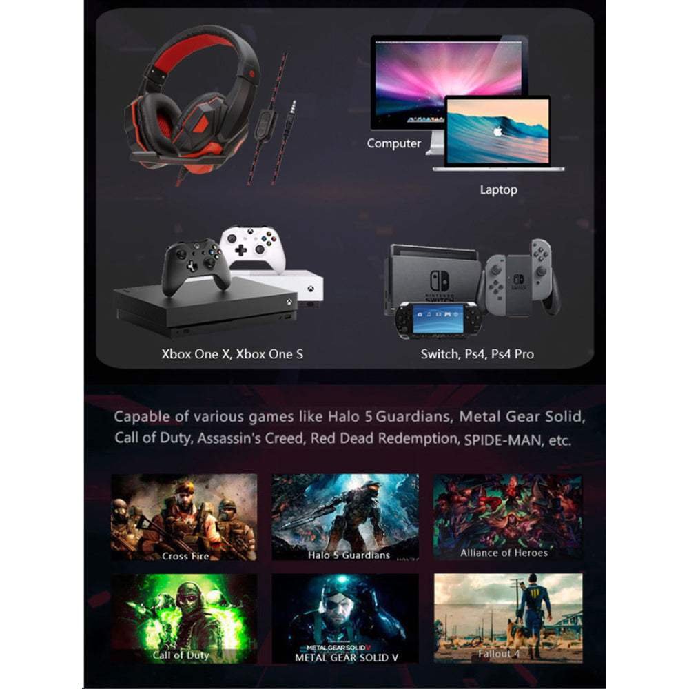 Auriculares HD-Hi-Fi para jugadores diseño ergonómico y plegable casco con micrófono para PS4, Xbox One Switch