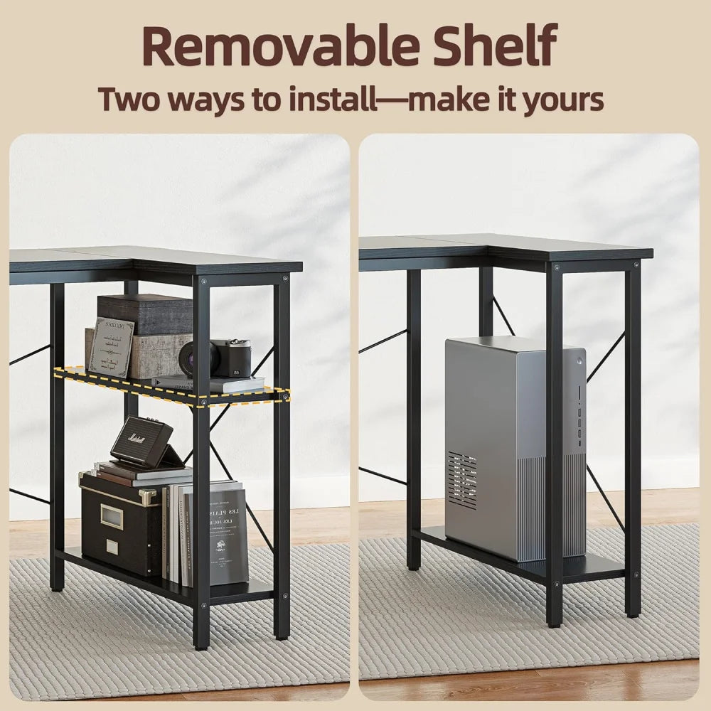 Escritorio en forma de L con estantes de almacenamiento, mesa reversible para estudio trabajo gaming color Negro