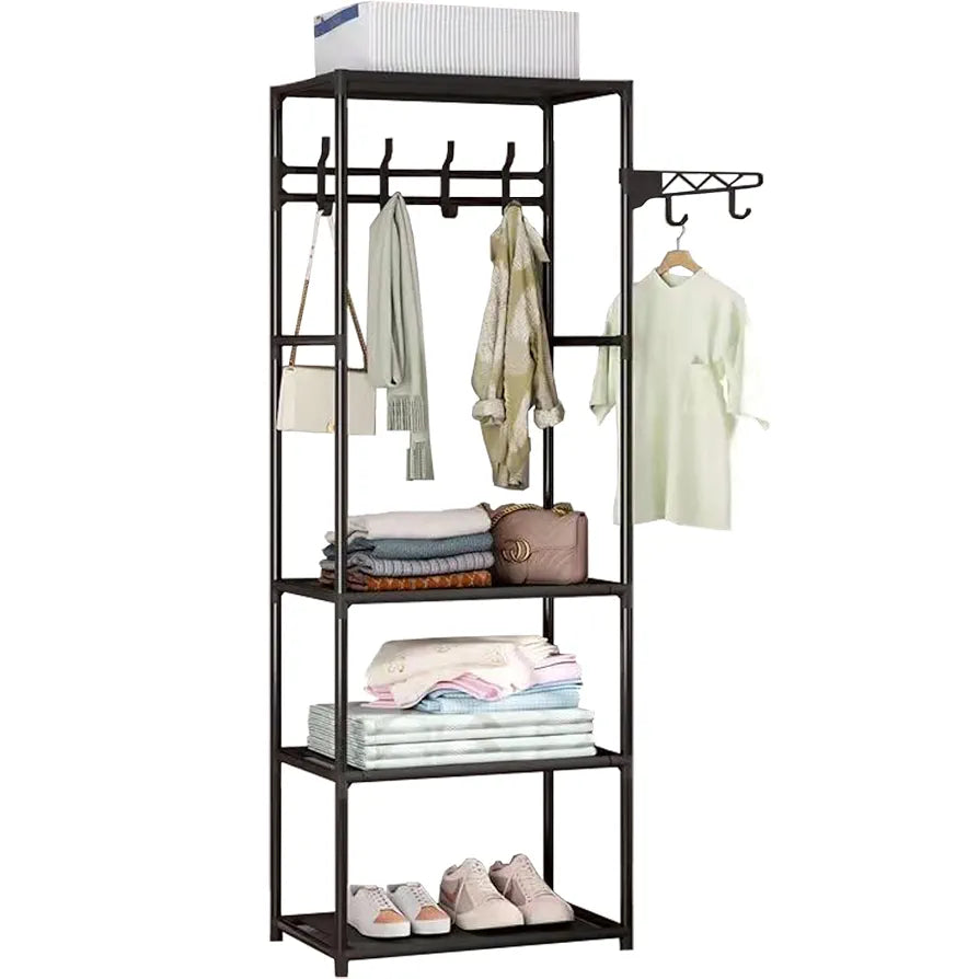 Multipurpose clothes rack with 3 shelves and additional side bar, metal frame, 170 x 55 x 36 cm, black.