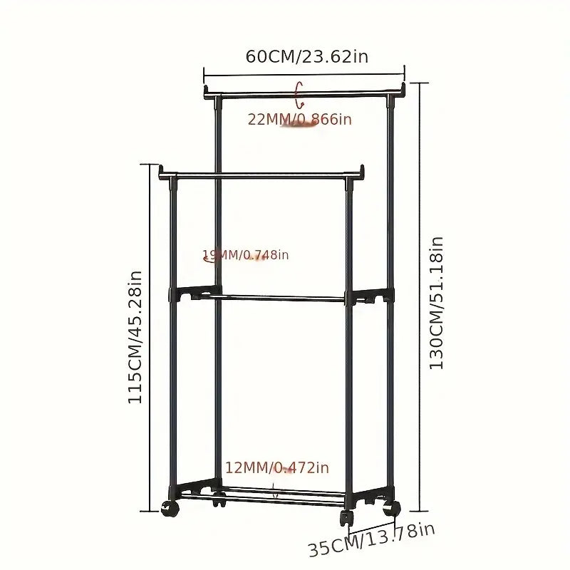 Coat rack with double bar and 360° rotating wheels 130 cm x 60 cm x 35 cm Black color