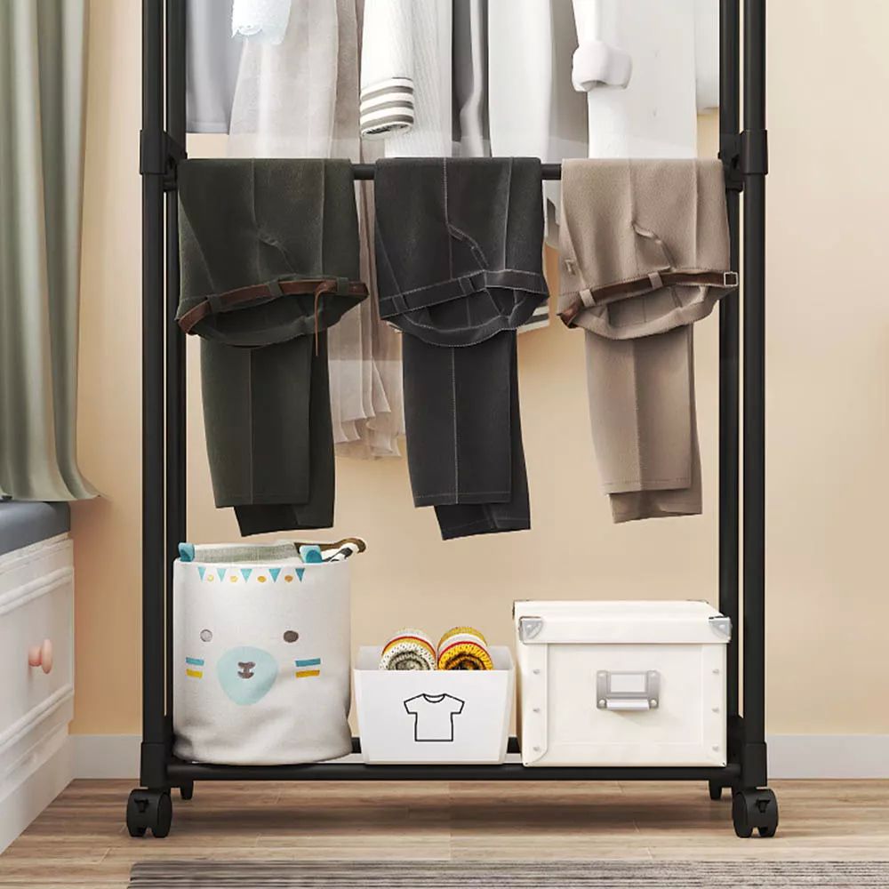 Coat rack with double bar and 360° rotating wheels 130 cm x 60 cm x 35 cm Black color