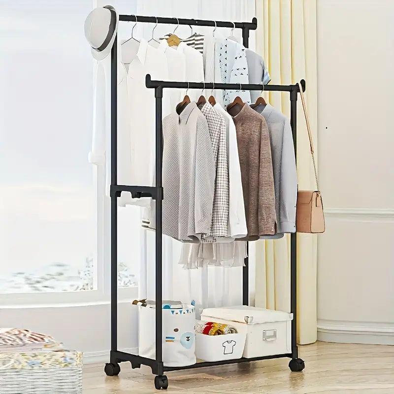 Coat rack with double bar and 360° rotating wheels 130 cm x 60 cm x 35 cm Black color