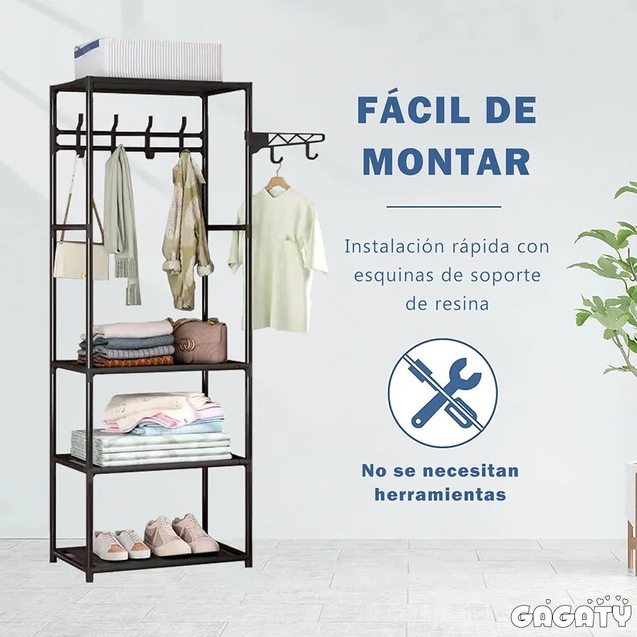 Multipurpose clothes rack with 3 shelves and additional side bar, metal frame, 170 x 55 x 36 cm, black.