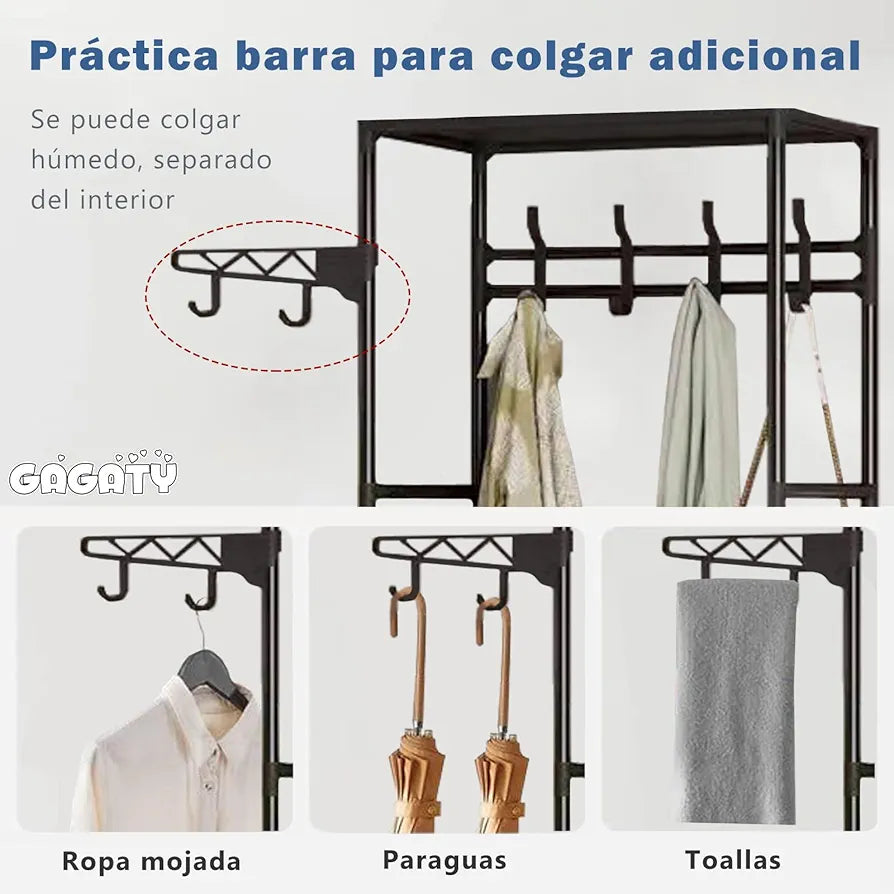 Multipurpose clothes rack with 3 shelves and additional side bar, metal frame, 170 x 55 x 36 cm, black.
