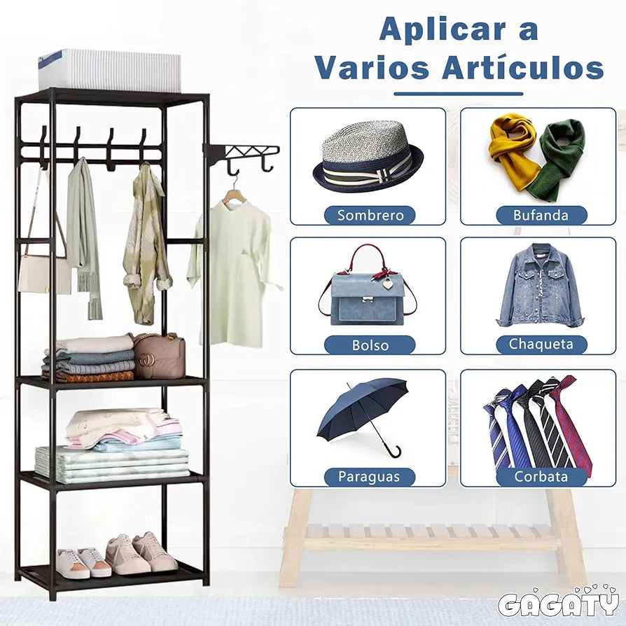 Multipurpose clothes rack with 3 shelves and additional side bar, metal frame, 170 x 55 x 36 cm, black.