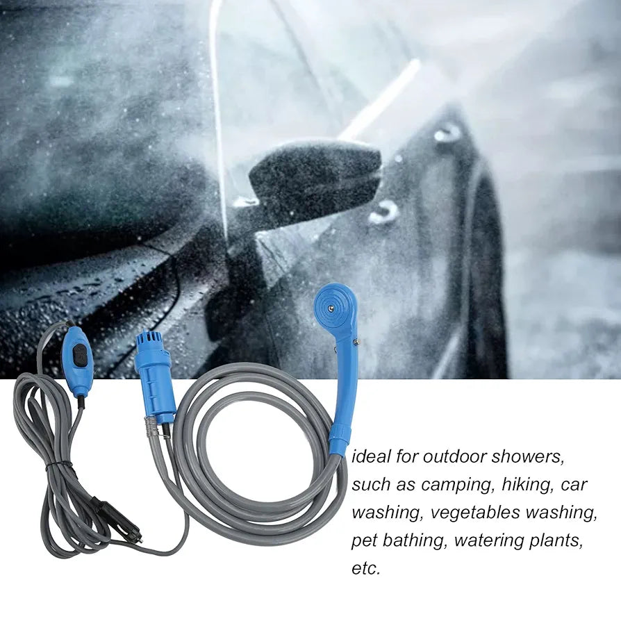 Multi-purpose 12V portable shower with pump, cigarette lighter connection, for car washing, travel, camping, blue.