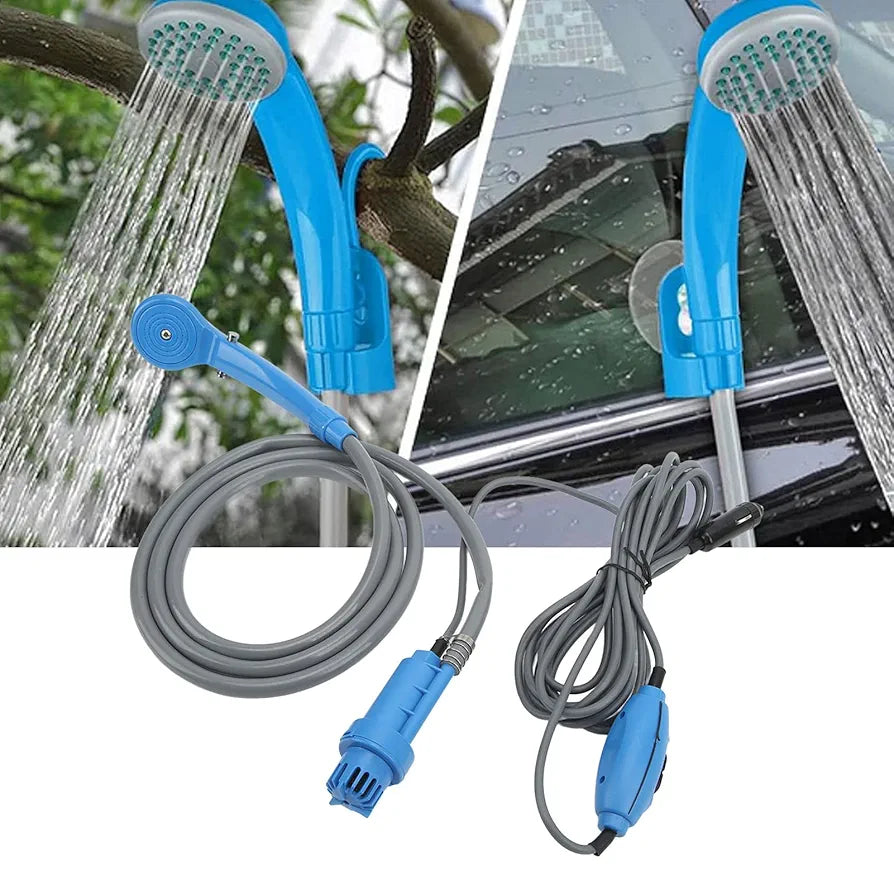 Multi-purpose 12V portable shower with pump, cigarette lighter connection, for car washing, travel, camping, blue.