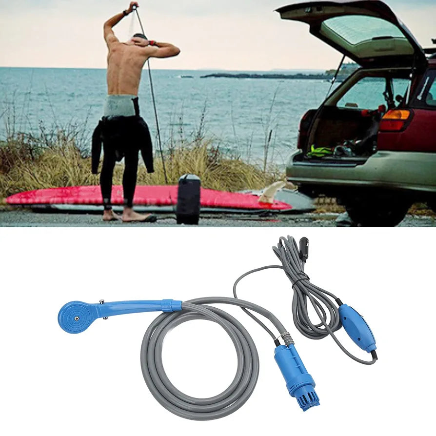 Multi-purpose 12V portable shower with pump, cigarette lighter connection, for car washing, travel, camping, blue.
