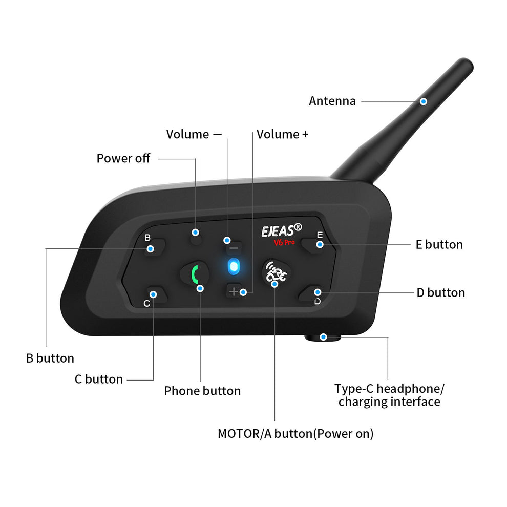 Intercomunicador EJEAS V6 PRO+ para casco de motocicleta bluetooth 5.1 Walkie Talkie 6 conductores Distancia 800 metros Impermeable IP67