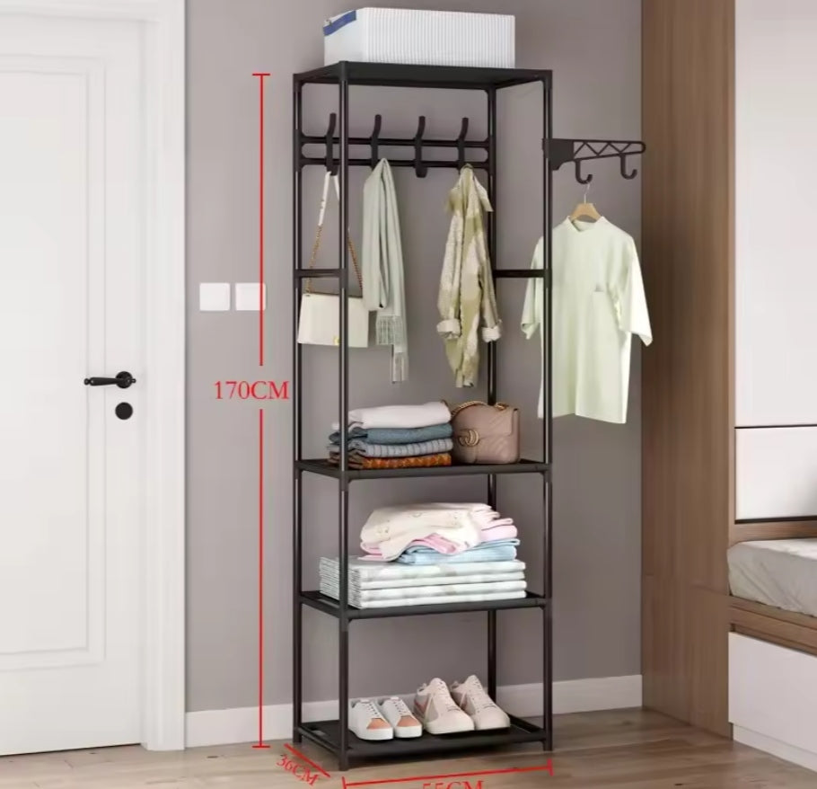 Multipurpose clothes rack with 3 shelves and additional side bar, metal frame, 170 x 55 x 36 cm, black.