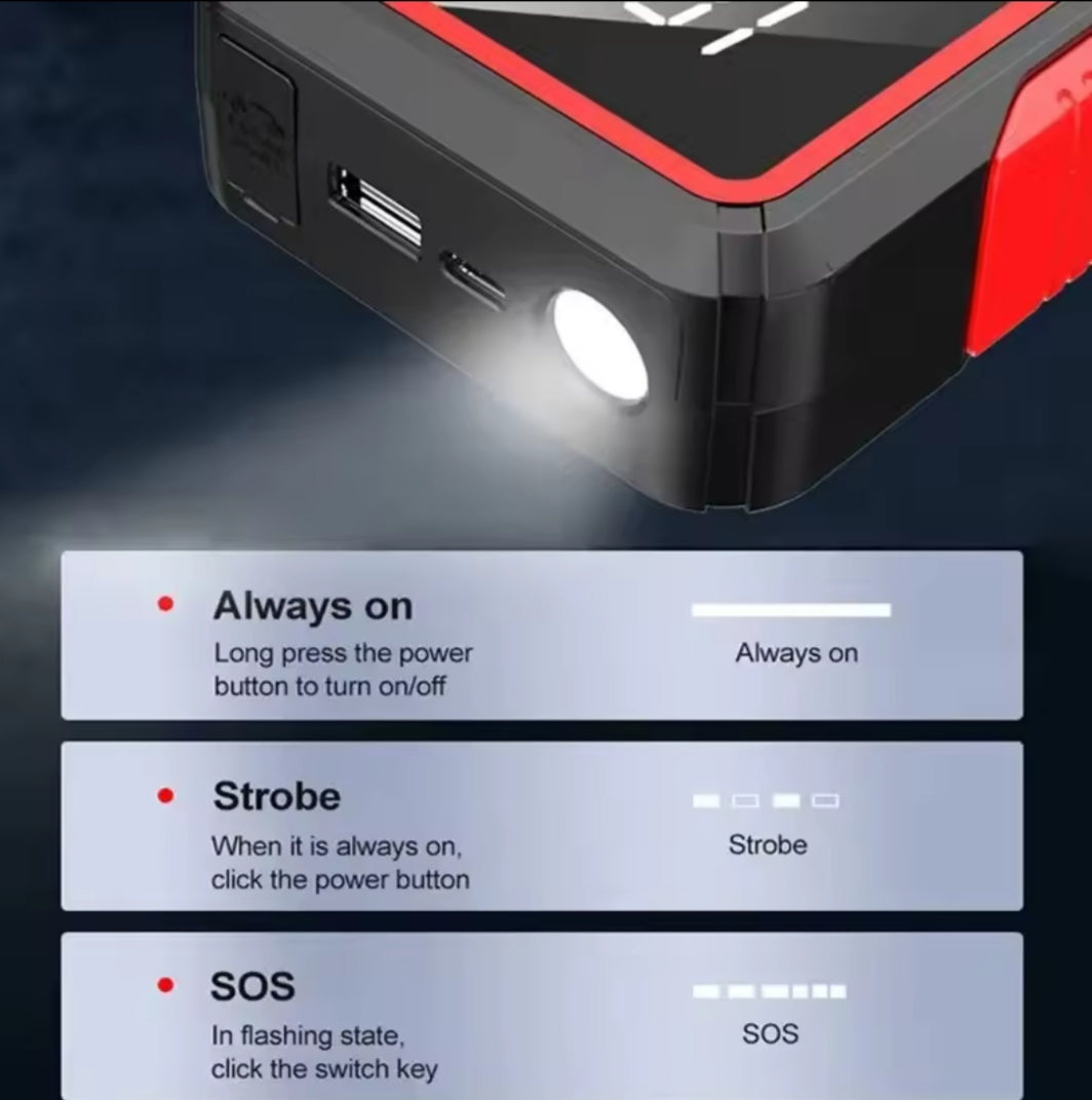 Dispositivo de arranque de emergencia batería coche 2000A 12V con Powerbank y linterna color Rojo/negro