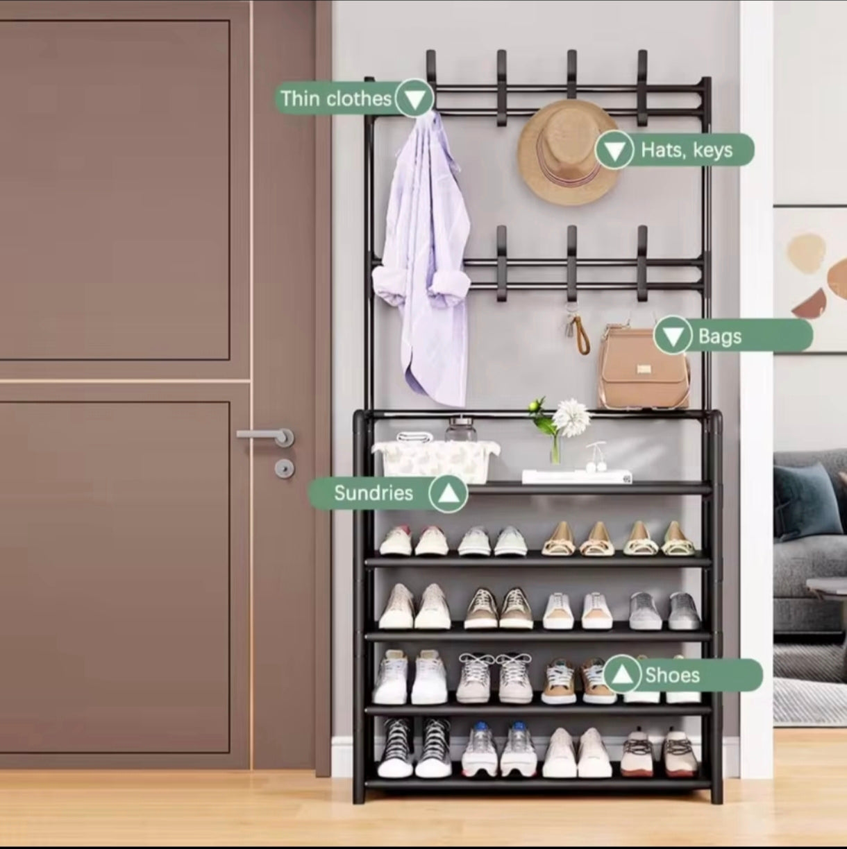 Perchero y zapatero multifuncional 5 niveles 170x80×28 cm color negro o blanco