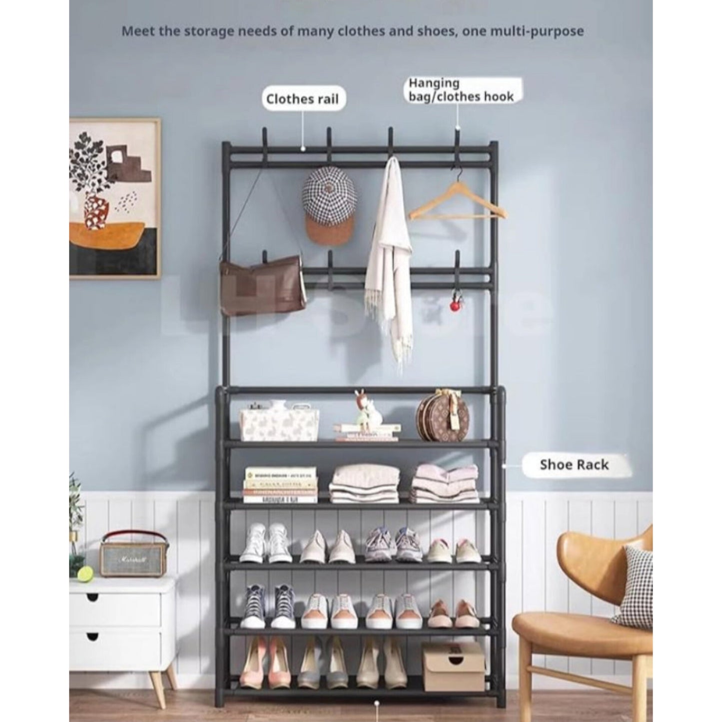 Multifunctional 5-tier coat and shoe rack, 169 x 60 x 25 cm, black