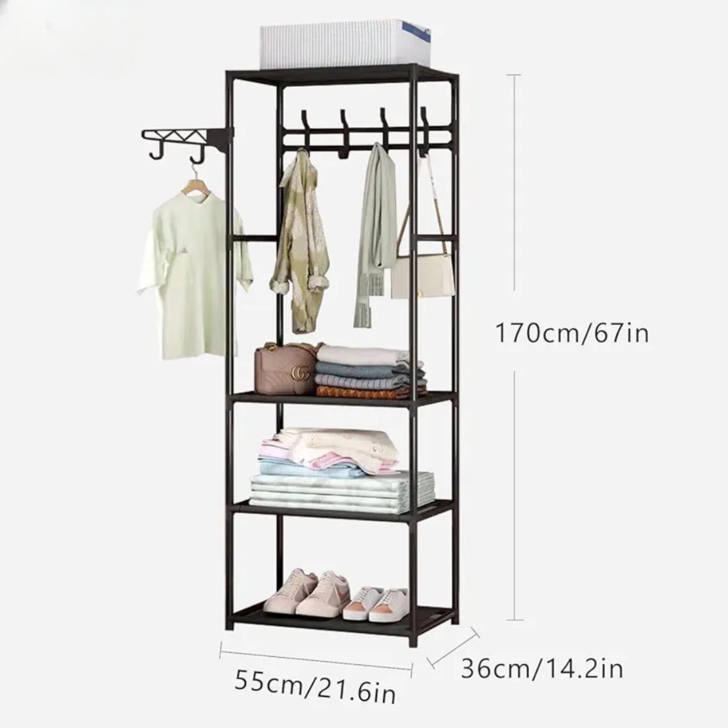 Multipurpose clothes rack with 3 shelves and additional side bar, metal frame, 170 x 55 x 36 cm, black.