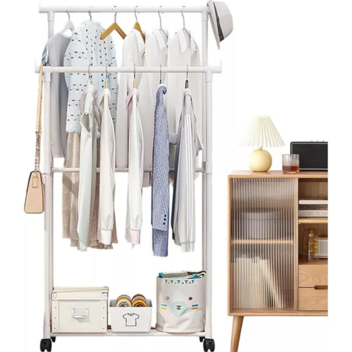 Coat rack with double bar and 360° rotating wheels 130 cm x 60 cm x 35 cm Black color