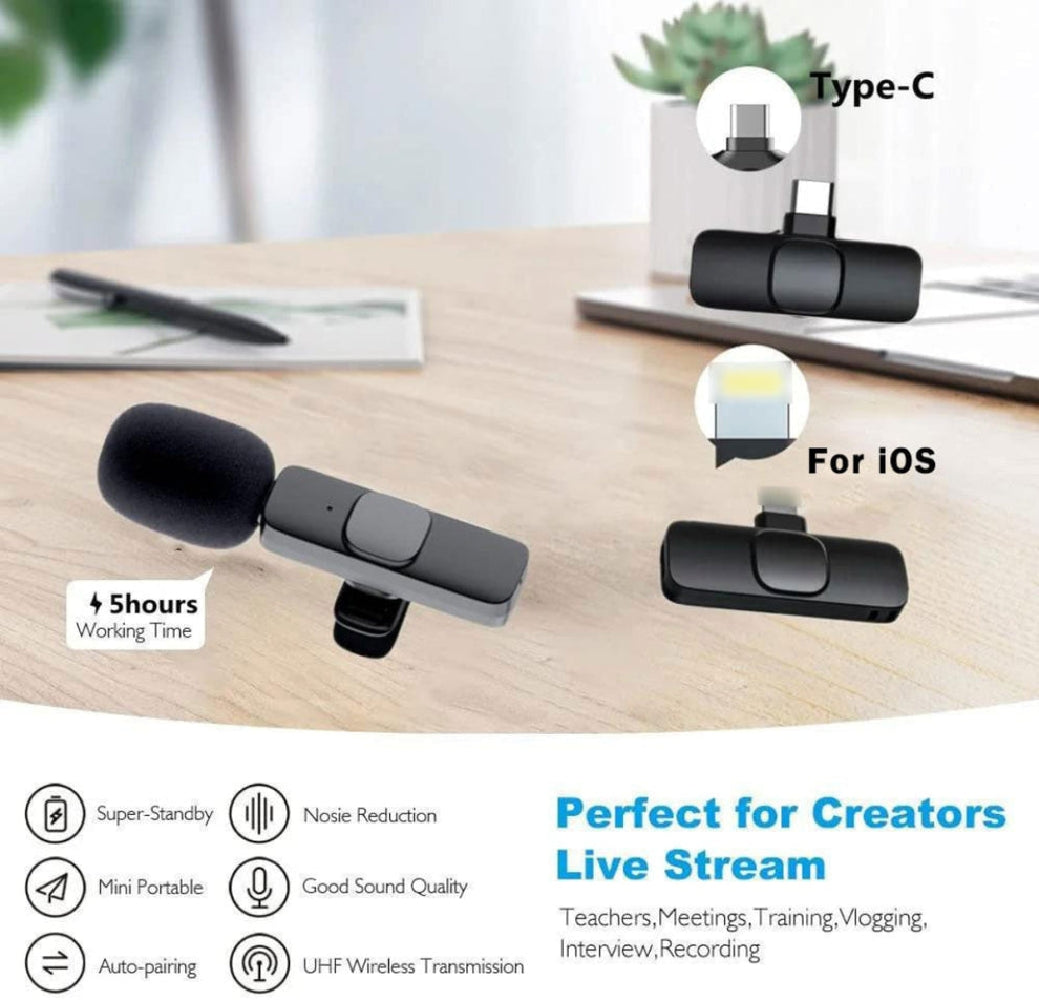 2-in-1 Wireless Lavalier Microphone for Live Streaming, YouTube, TikTok, Facebook, Interviews, Teachers, High-Quality Stereo Sound with Noise Cancellation Function