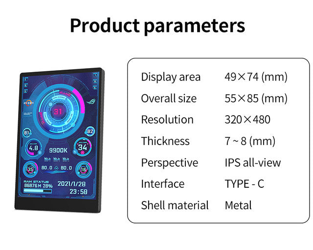 3.5 inch Type C IPS Secondary Display 320x480 USB LCD Monitor for CPU GPU RAM HDD AIDA64 Windows 10 11 (