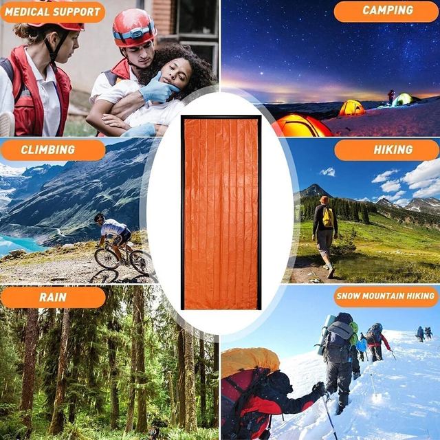 Extra-thick Mylar waterproof and windproof sleeping bag for emergencies, mountain hiking, camping, and survival. Increases body temperature up to 20°C.