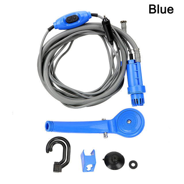 Multi-purpose 12V portable shower with pump, cigarette lighter connection, for car washing, travel, camping, blue.