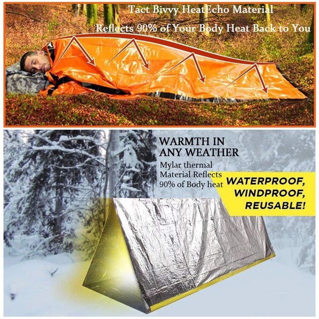 Extra-thick Mylar waterproof and windproof sleeping bag for emergencies, mountain hiking, camping, and survival. Increases body temperature up to 20°C.