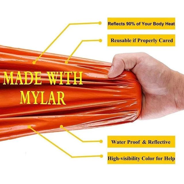 Extra-thick Mylar waterproof and windproof sleeping bag for emergencies, mountain hiking, camping, and survival. Increases body temperature up to 20°C.