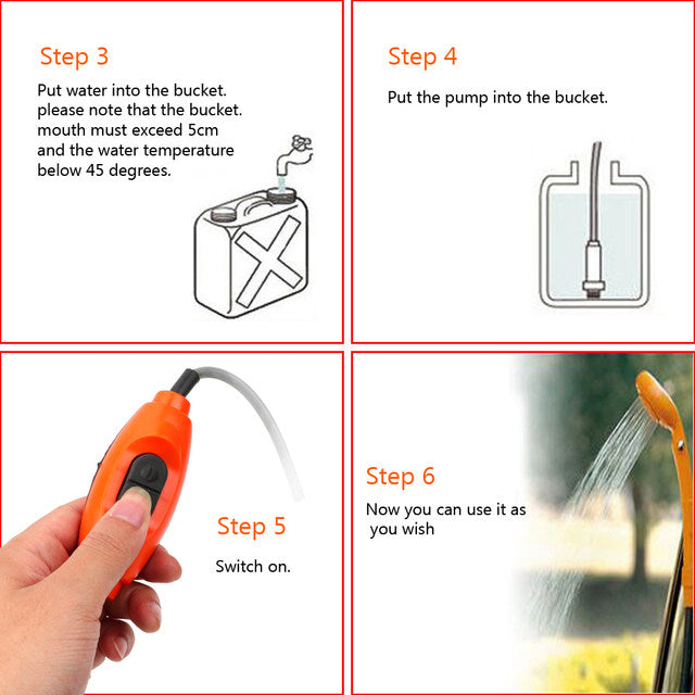 Multi-purpose 12V portable shower with pump, cigarette lighter connection, for car washing, travel, camping, blue.