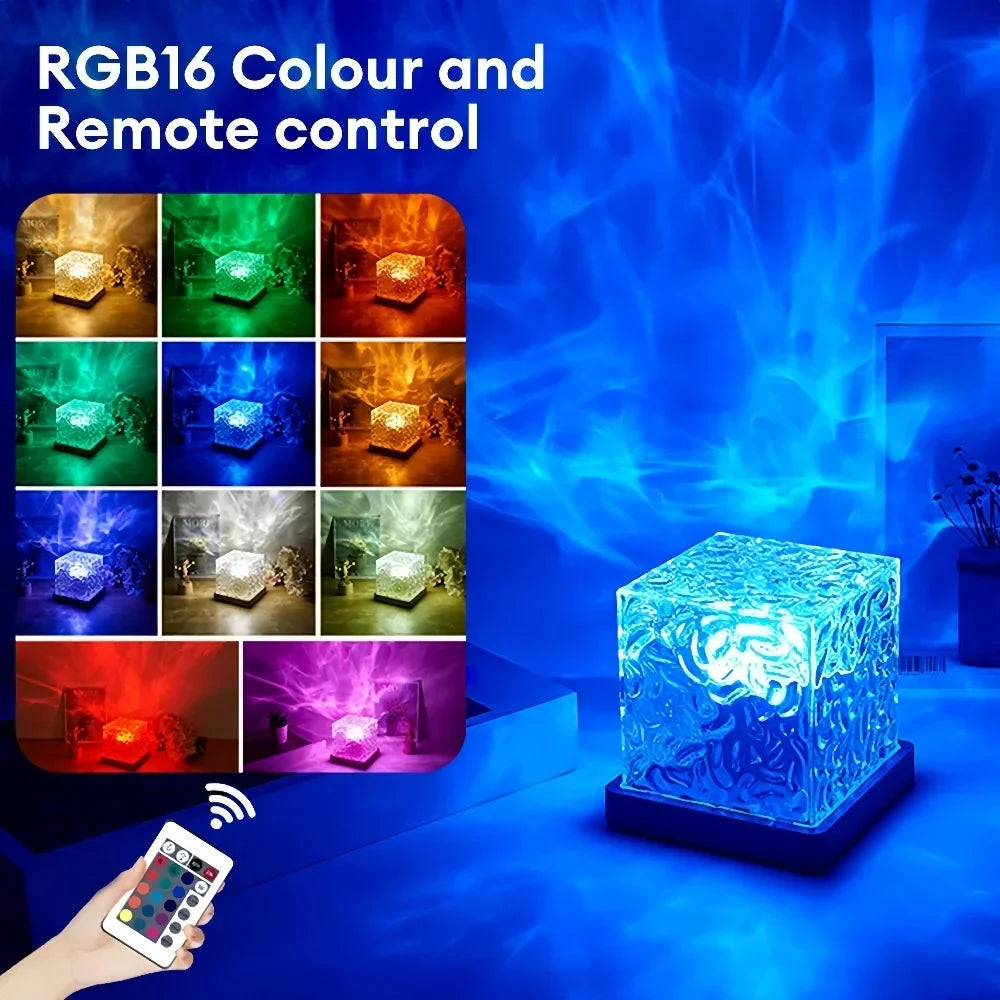 Rotating RGB LED Lamp Dynamic Water Wave Projector for Home Bar Restaurant Gift 16 Different Colors with Remote Control