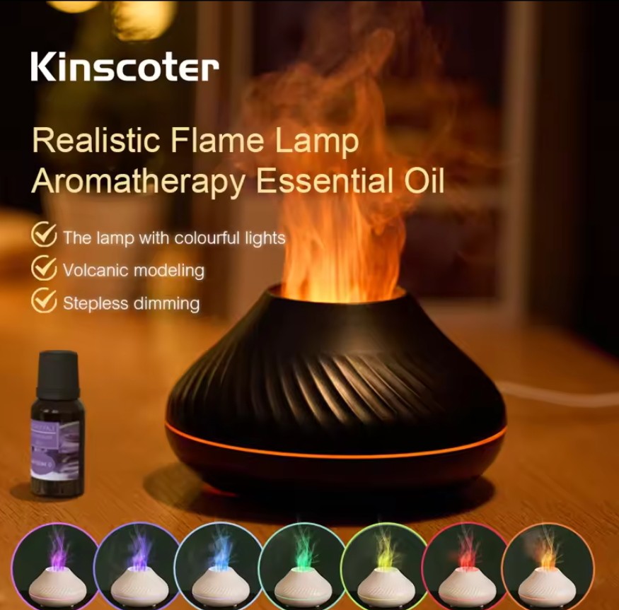 Volcano humidifier ultrasonic diffuser LED lamp with realistic flame effect 6 adjustable colors