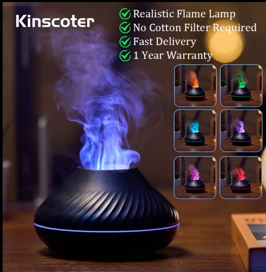 Volcano humidifier ultrasonic diffuser LED lamp with realistic flame effect 6 adjustable colors