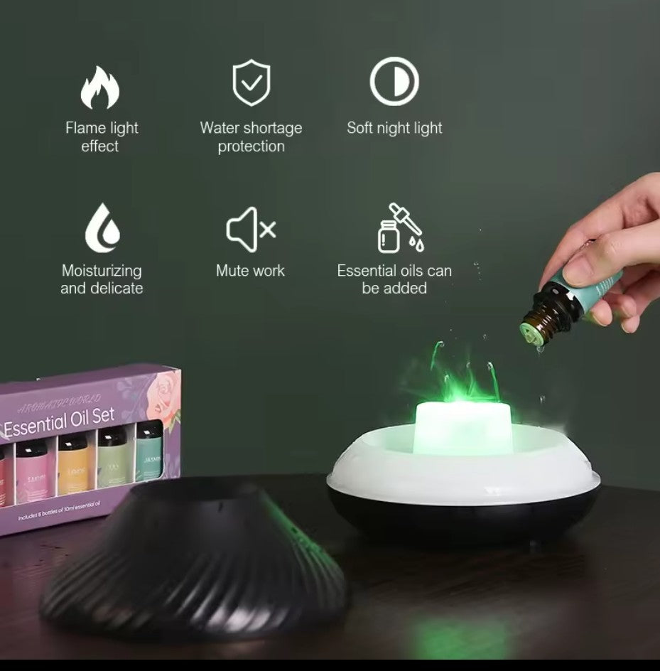 Volcano humidifier ultrasonic diffuser LED lamp with realistic flame effect 6 adjustable colors