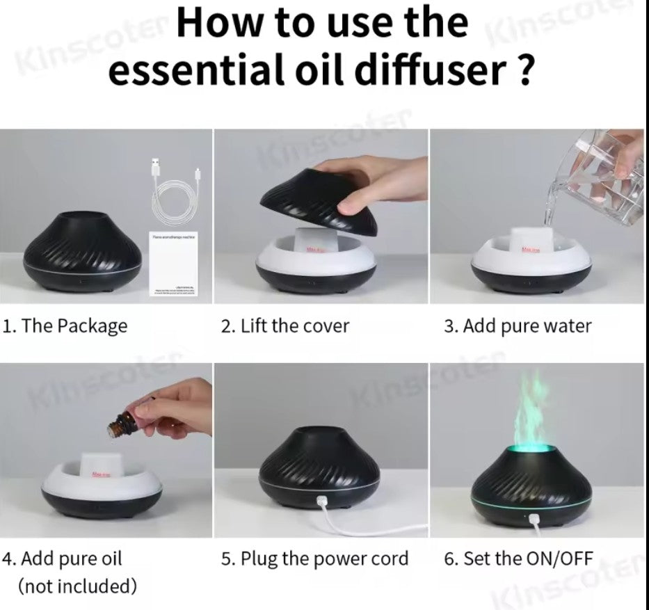 Volcano humidifier ultrasonic diffuser LED lamp with realistic flame effect 6 adjustable colors