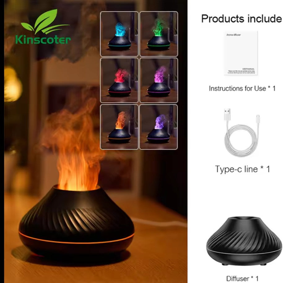 Volcano humidifier ultrasonic diffuser LED lamp with realistic flame effect 6 adjustable colors