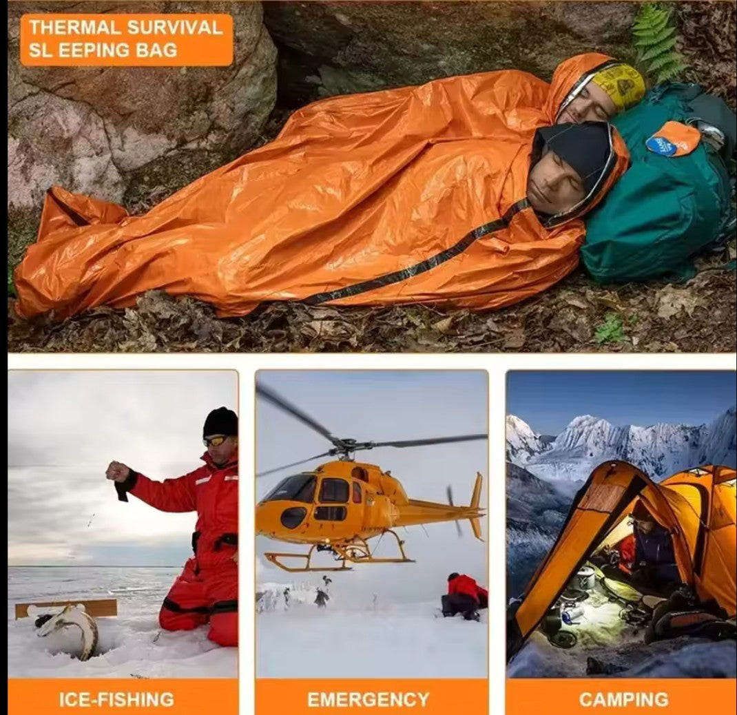 Extra-thick Mylar waterproof and windproof sleeping bag for emergencies, mountain hiking, camping, and survival. Increases body temperature up to 20°C.