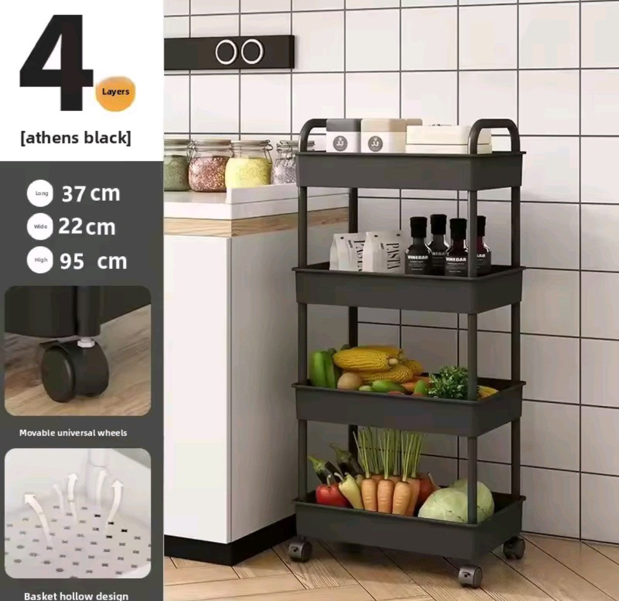 4-Tier Rolling Storage Cart, 36x24x92cm, Multi-Purpose, Plastic Material, 2-Pack Offer
