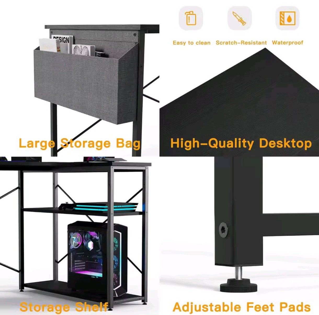 Escritorio en forma de L con estantes de almacenamiento, mesa reversible para estudio trabajo gaming color Negro