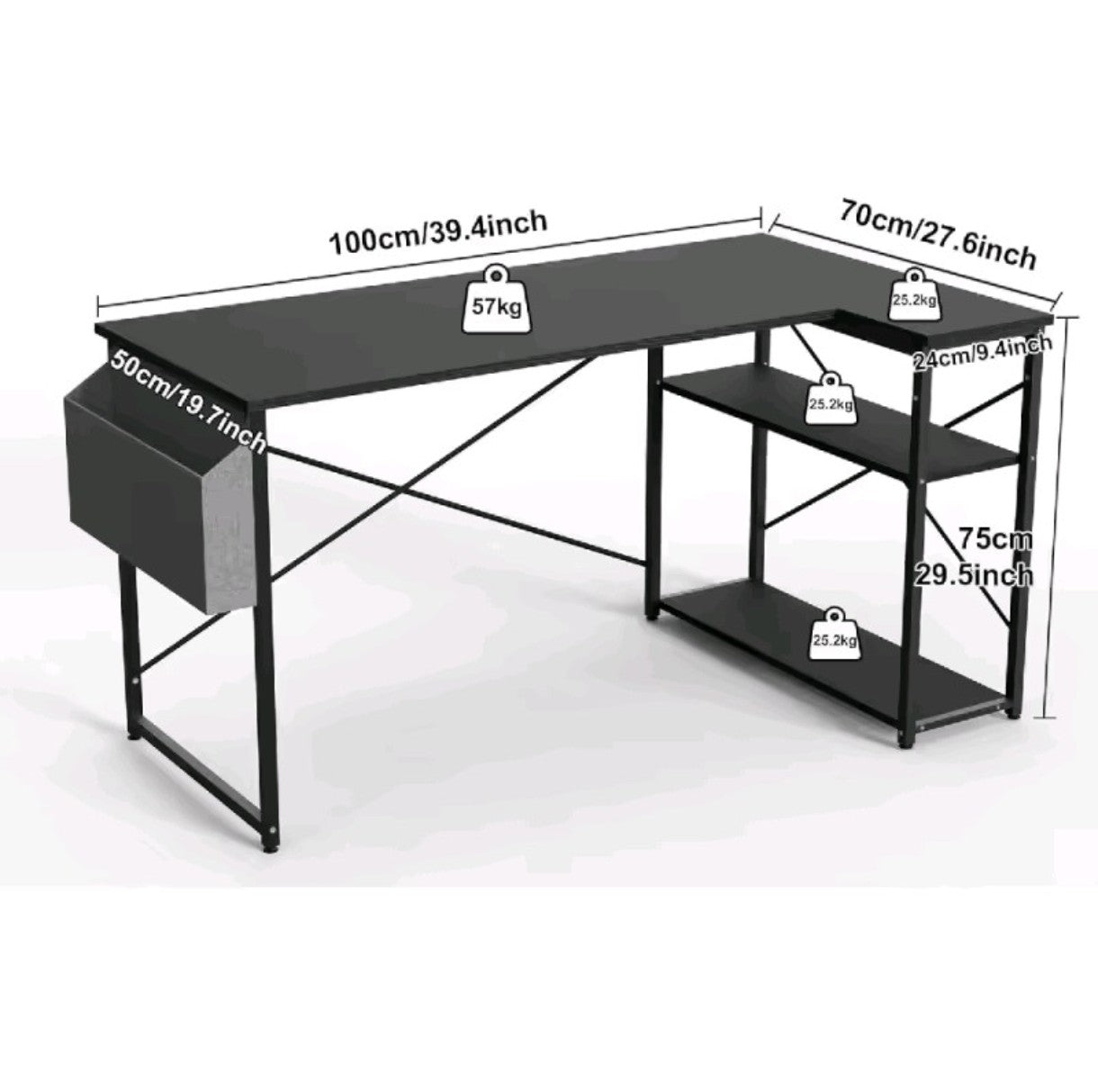 Escritorio en forma de L con estantes de almacenamiento, mesa reversible para estudio trabajo gaming color Negro