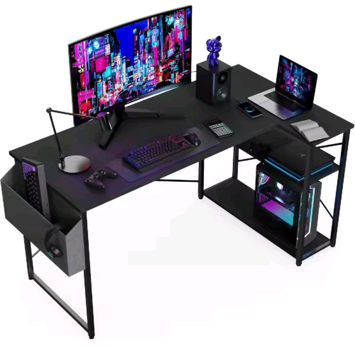 Escritorio en forma de L con estantes de almacenamiento, mesa reversible para estudio trabajo gaming color Negro