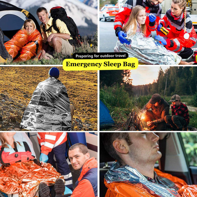 Extra-thick Mylar waterproof and windproof sleeping bag for emergencies, mountain hiking, camping, and survival. Increases body temperature up to 20°C.