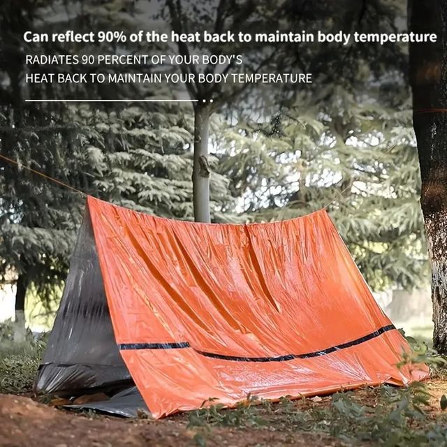 Extra-thick Mylar waterproof and windproof sleeping bag for emergencies, mountain hiking, camping, and survival. Increases body temperature up to 20°C.