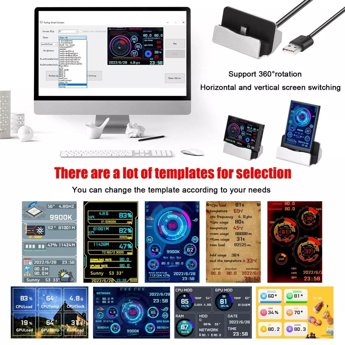 3.5 inch Type C IPS Secondary Display 320x480 USB LCD Monitor for CPU GPU RAM HDD AIDA64 Windows 10 11 (
