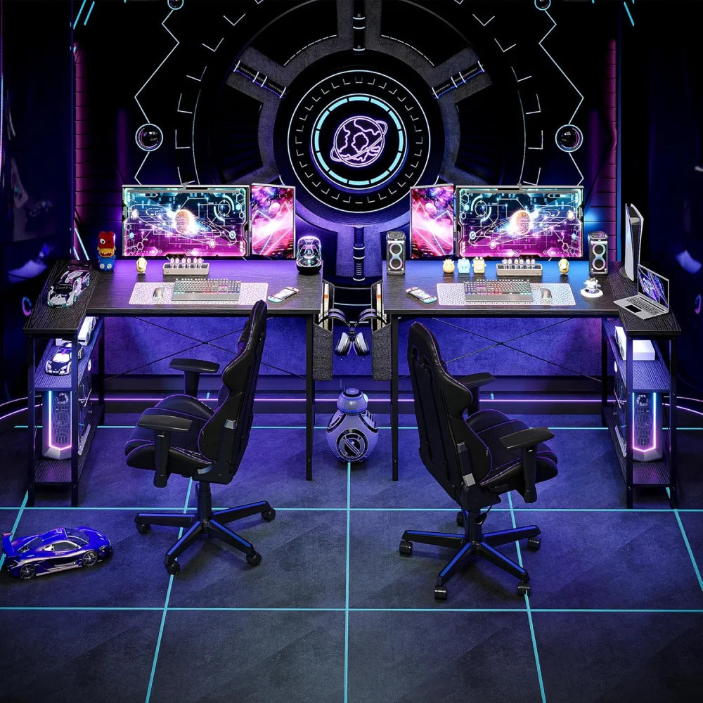 Escritorio en forma de  L con estantes de almacenamiento, mesa reversible para estudio trabajo gaming color Negro