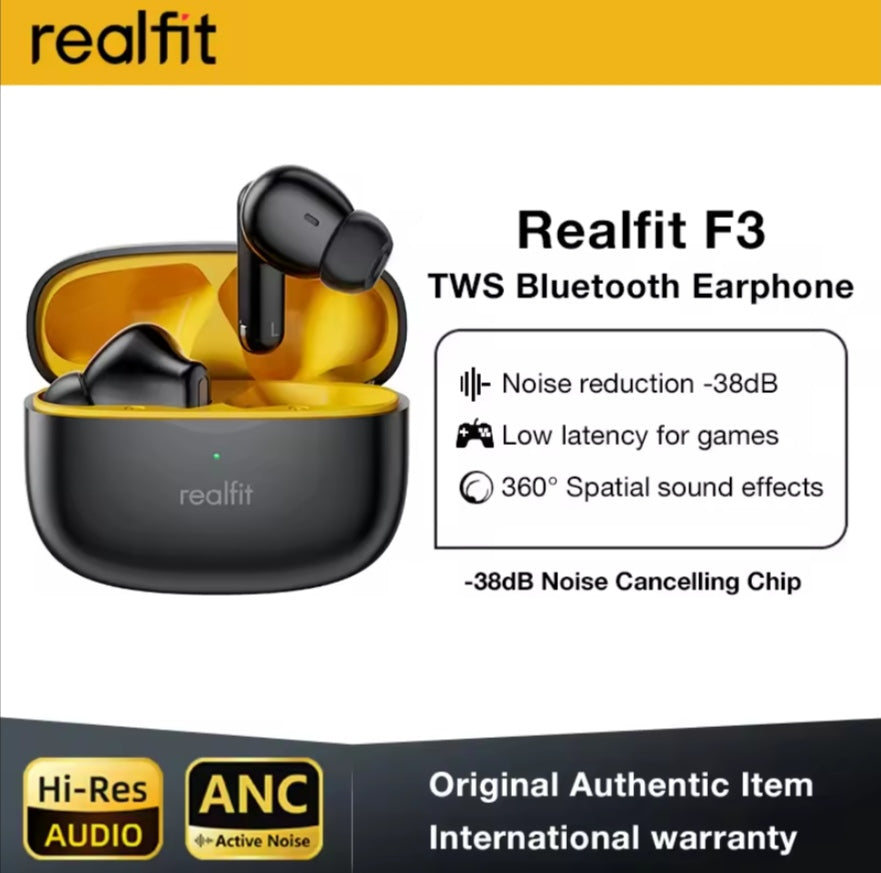 Realfit F3 Bluetooth 5.0 Headphones with ANC Active Noise Cancellation and ENC Calls HiFi Stereo Superb Bass Sport Gaming 100% Original Product