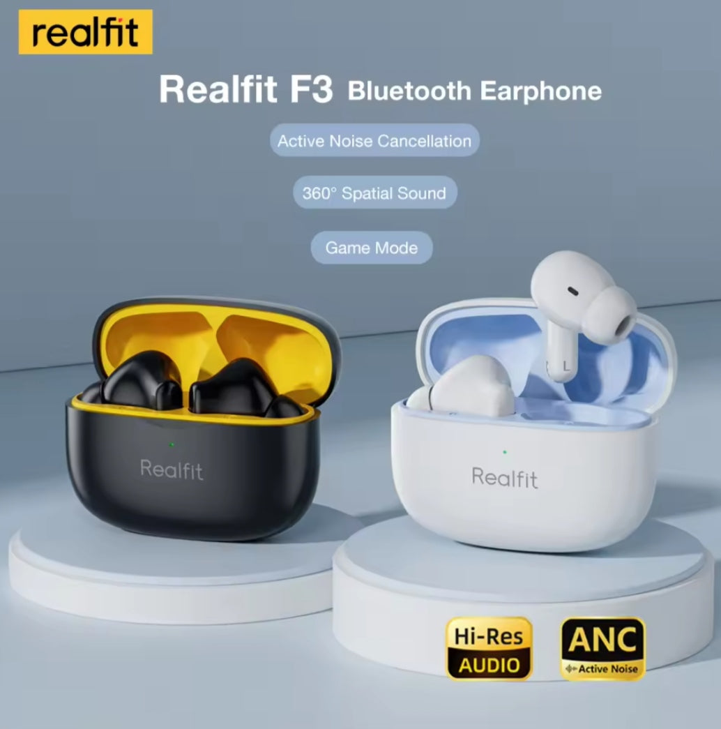 Realfit F3 Bluetooth 5.0 Headphones with ANC Active Noise Cancellation and ENC Calls HiFi Stereo Superb Bass Sport Gaming 100% Original Product