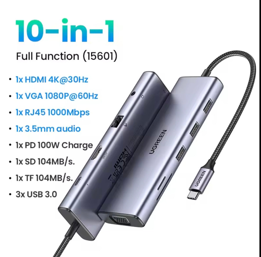 Ugreen estación de acoplamiento USB-C  concentrador 10 en 1: HDMI 4K, VGA, Ethernet de 1 Gbps, PD de 100 W, 3 puertos USB 3.0, ranura para tarjeta SD/TF y audio de 3,5 mm