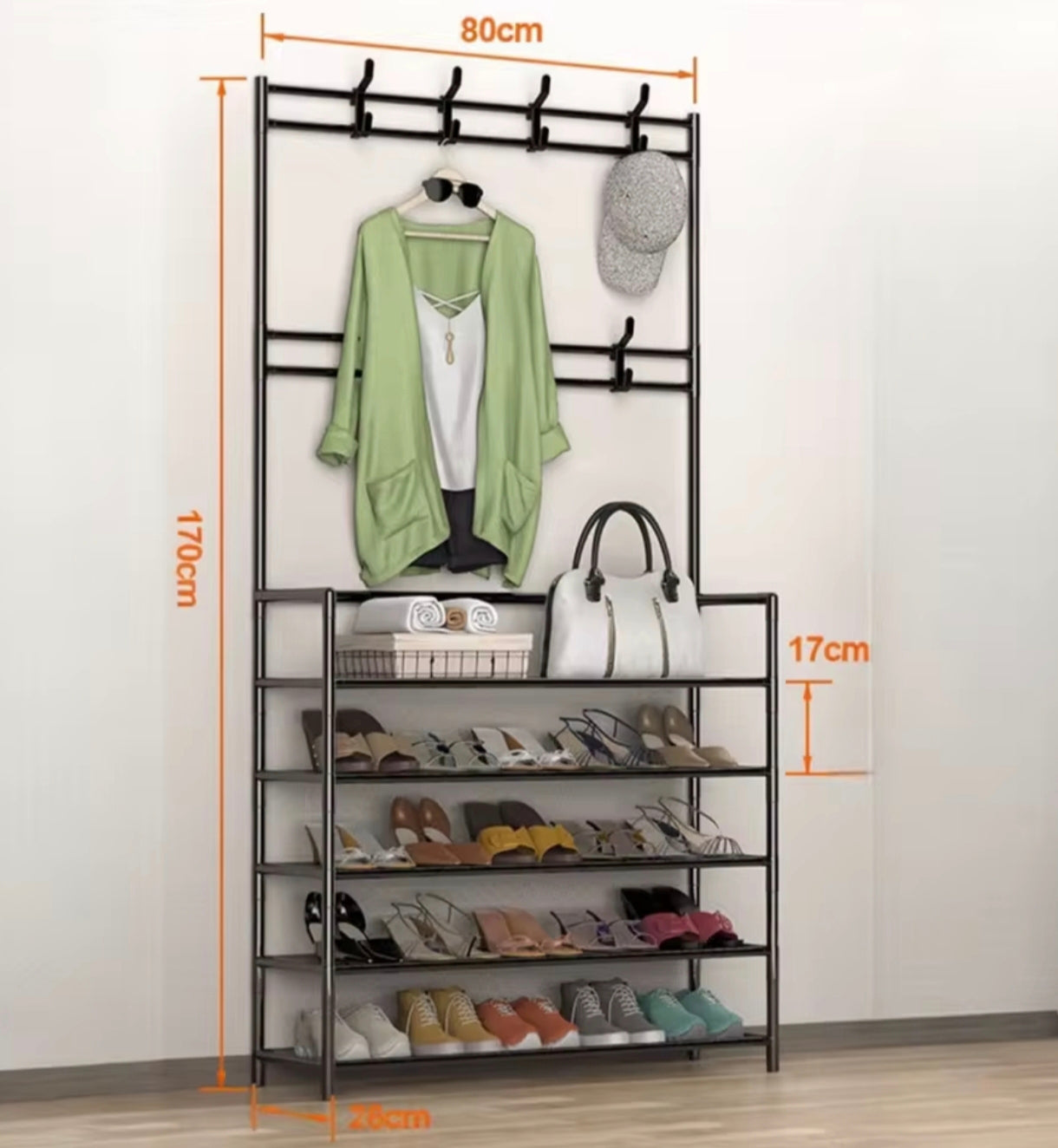 Perchero y zapatero multifuncional 5 niveles 170x80×28 cm color negro o blanco