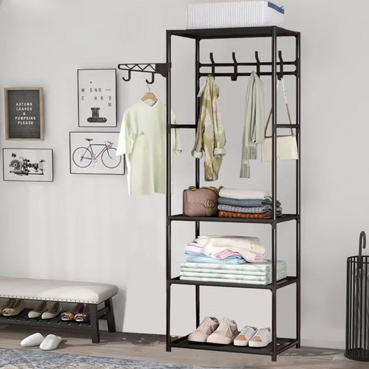 Multipurpose clothes rack with 3 shelves and additional side bar, metal frame, 170 x 55 x 36 cm, black.
