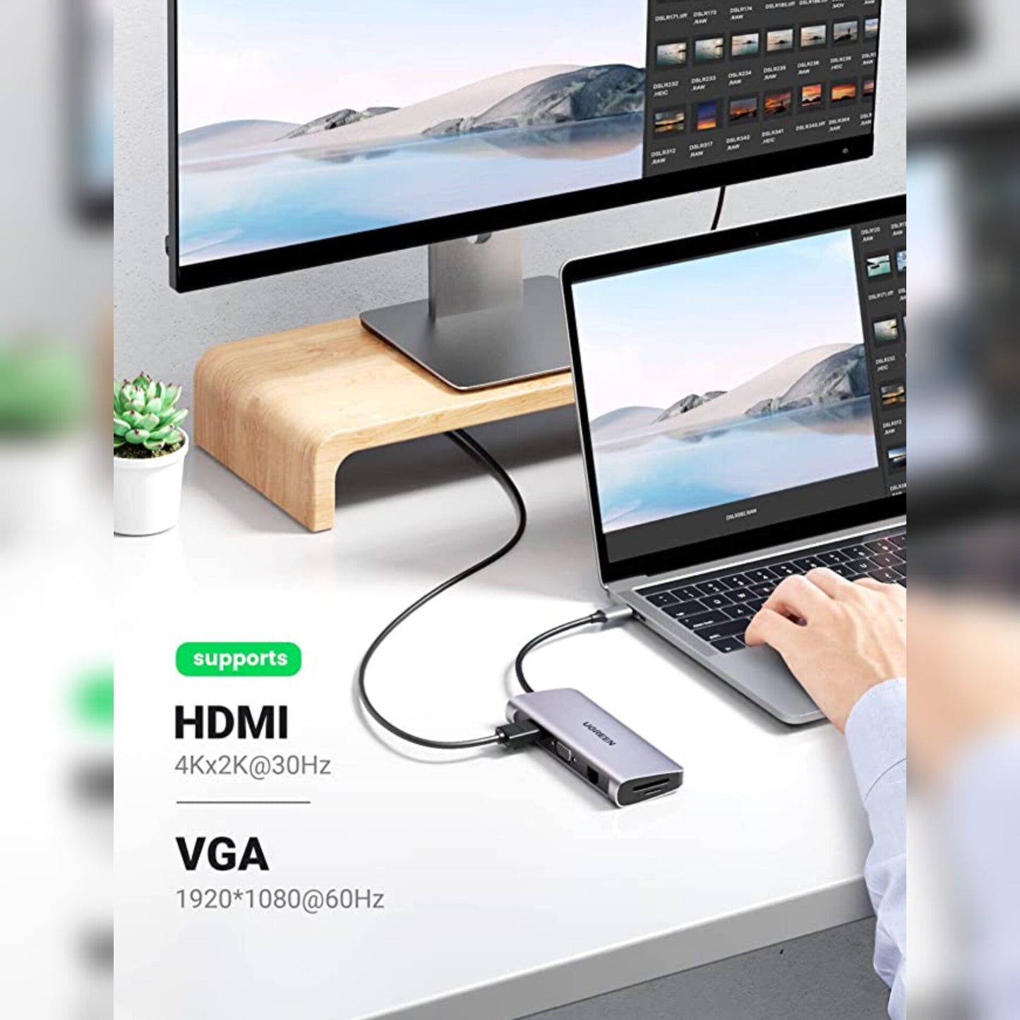 Ugreen estación de acoplamiento USB-C  concentrador 10 en 1: HDMI 4K, VGA, Ethernet de 1 Gbps, PD de 100 W, 3 puertos USB 3.0, ranura para tarjeta SD/TF y audio de 3,5 mm