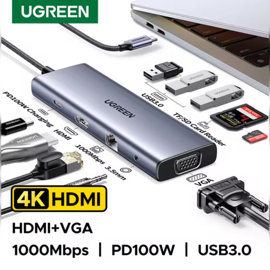 Ugreen estación de acoplamiento USB-C  concentrador 10 en 1: HDMI 4K, VGA, Ethernet de 1 Gbps, PD de 100 W, 3 puertos USB 3.0, ranura para tarjeta SD/TF y audio de 3,5 mm